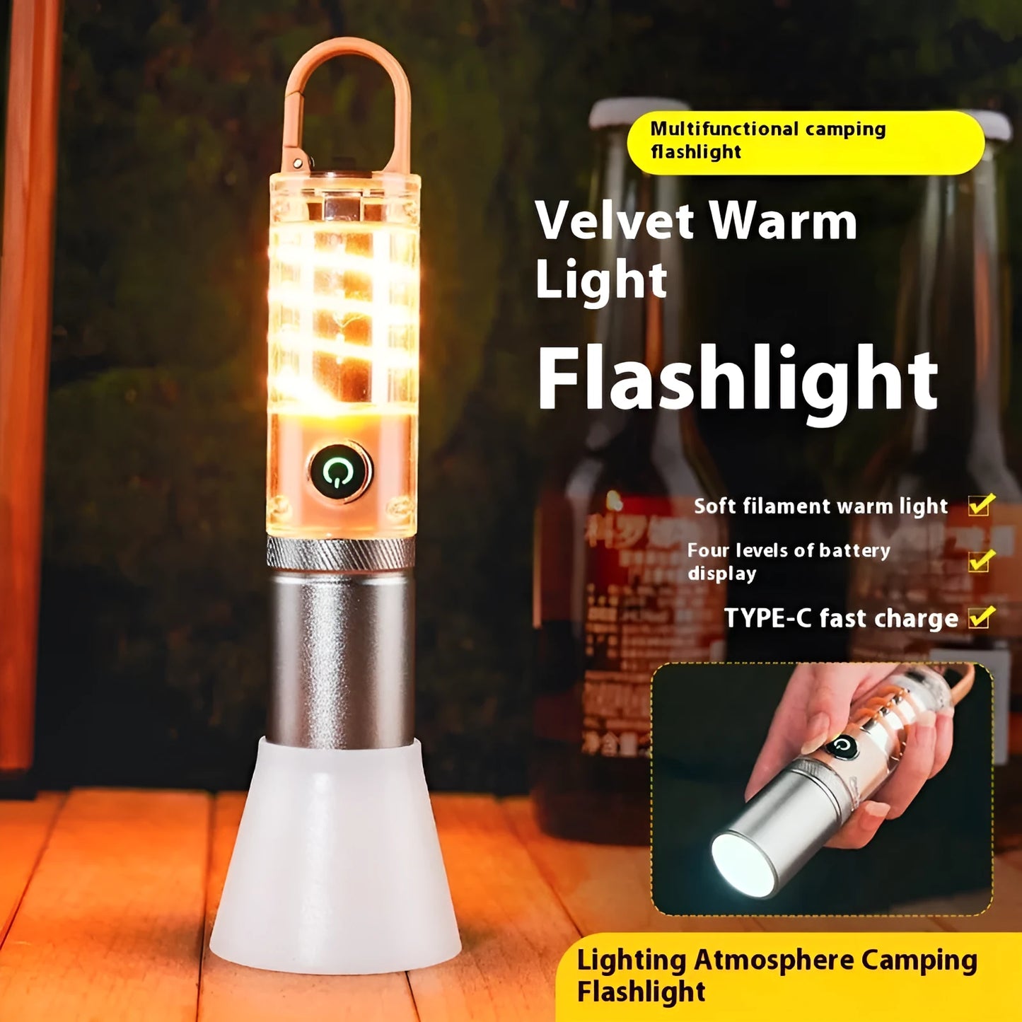Orange or beige 10W rechargeable flashlight with hook, keychain, and optical zoom.