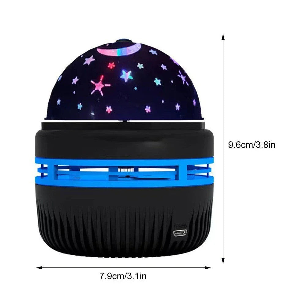 LED Galaxy Star Projector with rotating color-changing display, creating a soothing starry night effect in a bedroom