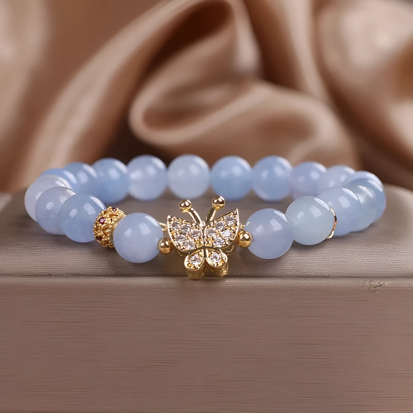 Sky blue aquamarine butterfly crystal bracelet for women with pearl accents and rhinestones