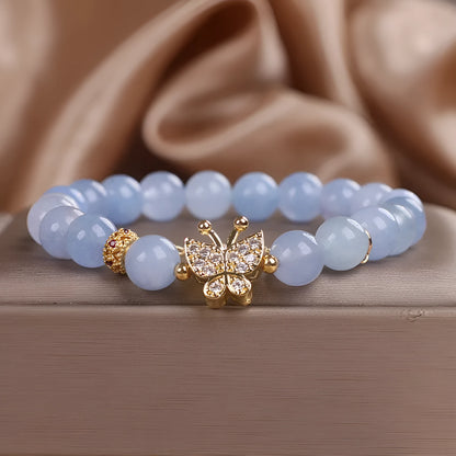 Sky blue aquamarine butterfly crystal bracelet for women with pearl accents and rhinestones