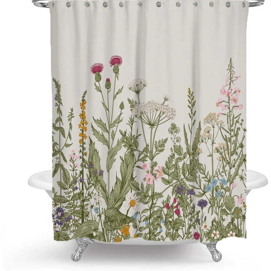Floral plant shower curtain with Nordic green leaf pattern and colourful flowers in polyester fabric