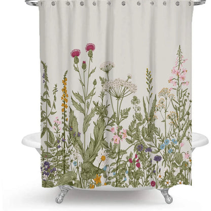 Floral plant shower curtain with Nordic green leaf pattern and colourful flowers in polyester fabric