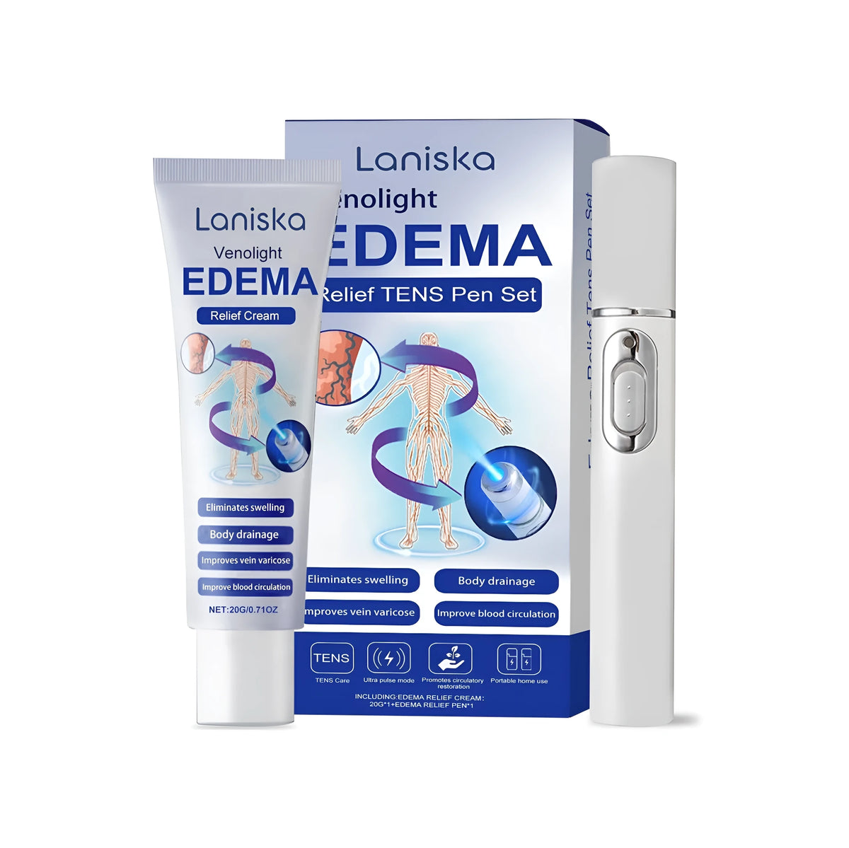 Edema relief set showing a 20g ointment tube and a LANISKA TENS pen on a plain background.