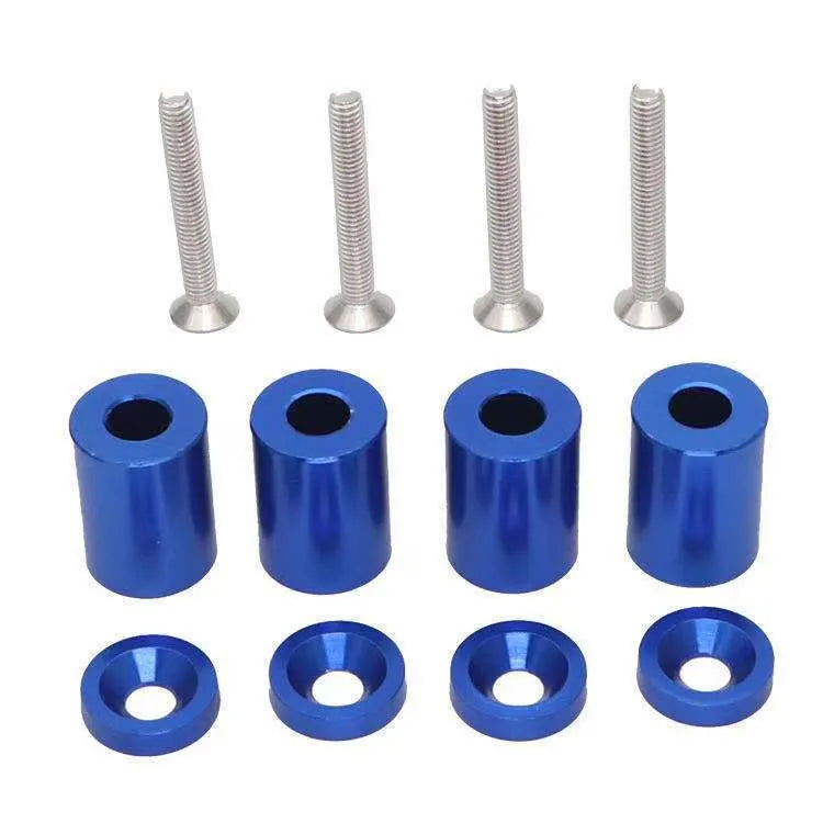 Aluminium engine cover spacer kit with four screws, nuts, and washers in red, blue, and black colours