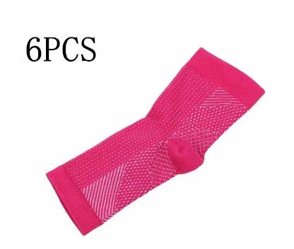 Anti-fatigue compression foot sleeve in black, red, or white, featuring moisture-wicking fabric and a heel hole for breathability.