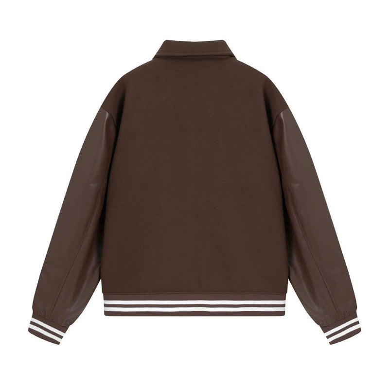 Wool blend jacket with bone embroidery design and autumn winter floral stickers, available in apricot or brown colours with sizes S M L XL, providing a cosy outer layer for cooler seasons with cotton-rich fabric construction.
