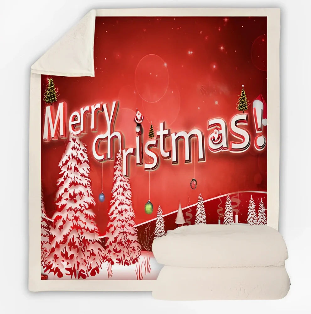 Christmas pattern coral fleece blanket on sofa showing HD printing detail and modern minimalist design
