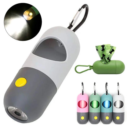 Illuminated pet waste bag dispenser for dogs and cats, available in various stylish colours with or without included garbage bags