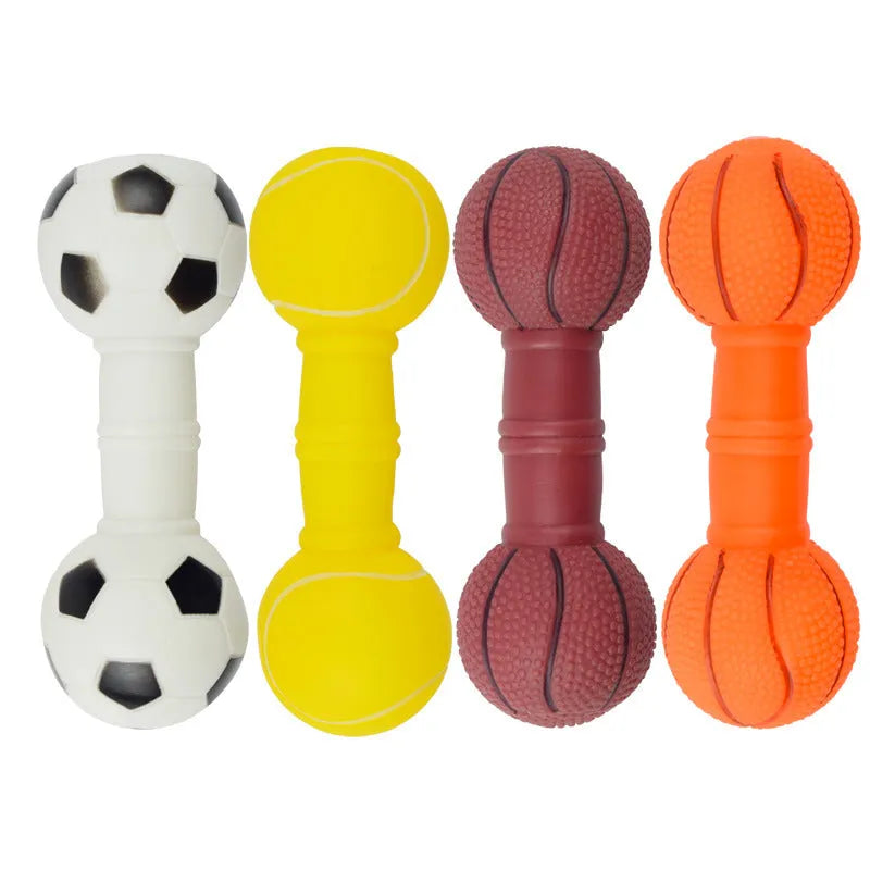 Non-toxic PVC football dumbbell shaped squeaky dog chew toy in brown, orange, white, or yellow.