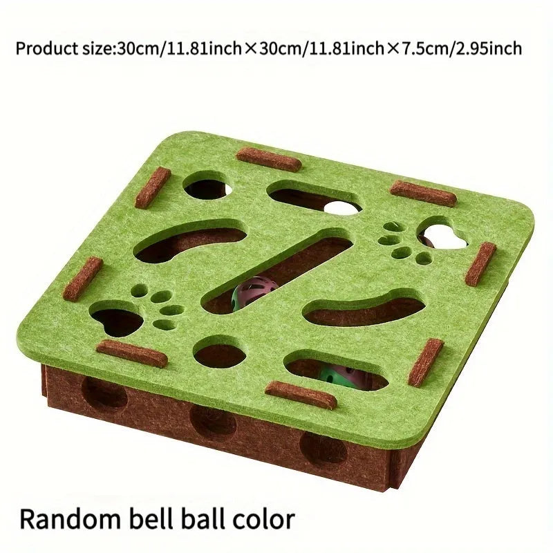 Interactive felt cat puzzle toy with maze tunnel, pathways, and bell ball, available in Circle or Square shape and four colours.