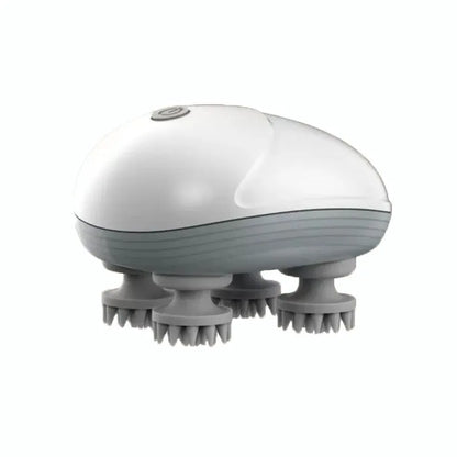Blue handheld electric pet massager with four rotating heads on a white background.