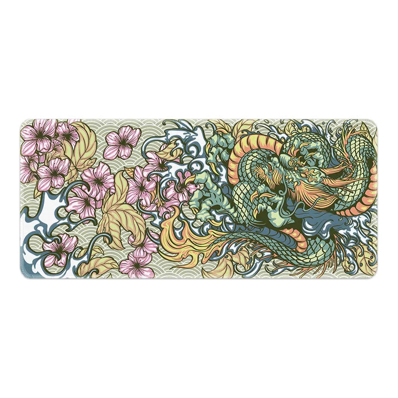 Esports mouse pad with detailed dragon artwork, showing cloth surface and non-slip base in various size options.