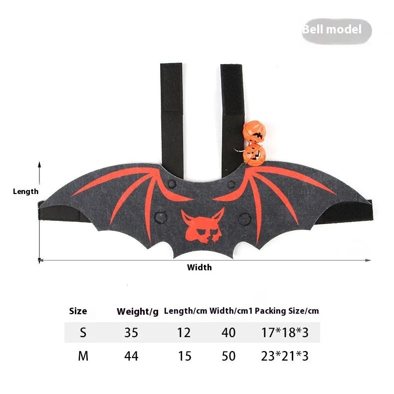 Halloween costume for a cat featuring batwing sleeves, made from felt, in orange pumpkin bat design.