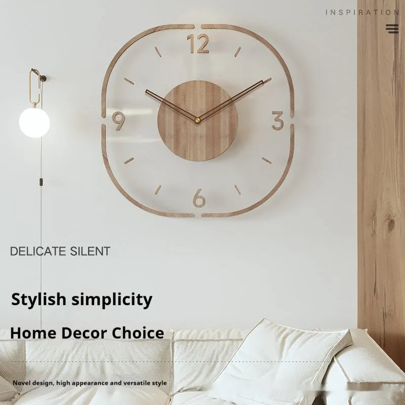 Creative transparent wooden frame wall clock in modern style with 35cm square design, suitable for living room, bedroom, study or office decoration, available with or without frame in A and B colour options