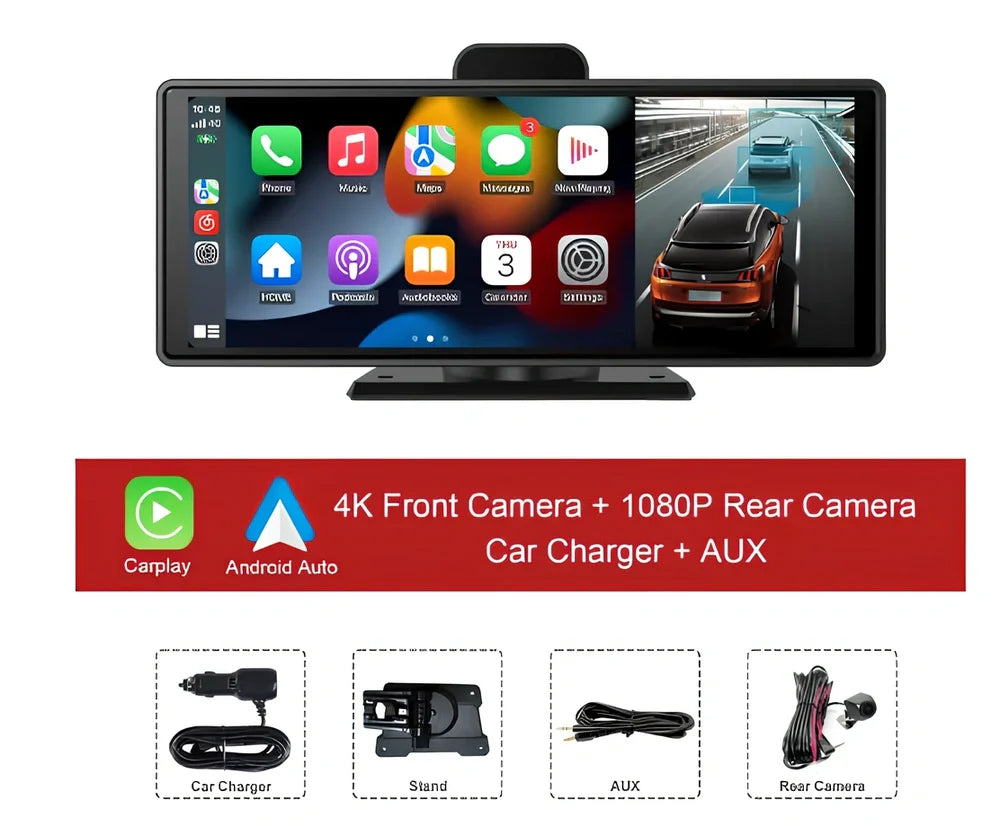 10.26 inch wireless CarPlay car recorder with 140° wide-angle lens on vehicle dashboard