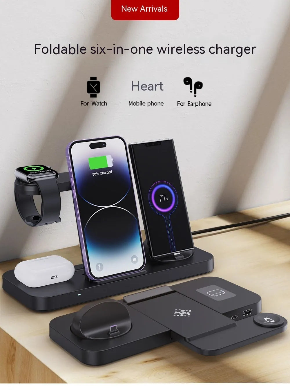 B-21 wireless charging station for mobile phone, smartwatch and headphones in black and white colour options.