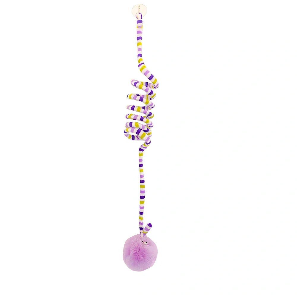 Blue interactive cat hanging toy with 8cm plush ball on 70cm stretch wand to 180cm, sucker base for window play