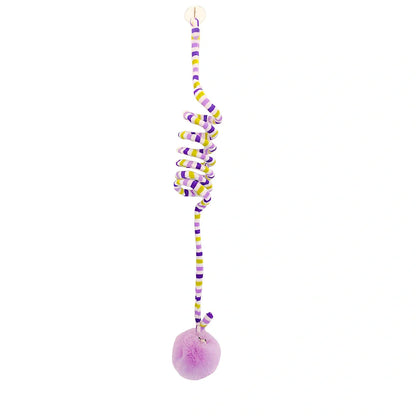 Blue interactive cat hanging toy with 8cm plush ball on 70cm stretch wand to 180cm, sucker base for window play