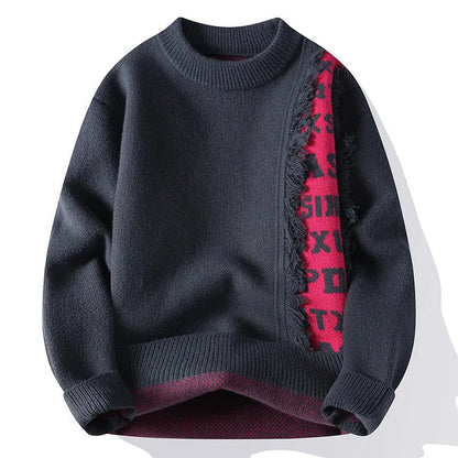 Men's loose grey knitted pullover with ribbed hem, long sleeves, and a casual fit on a hanger.