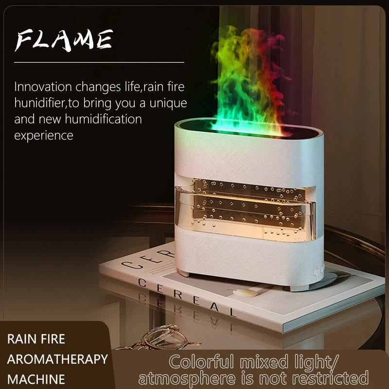 Premium Aroma Diffuser with realistic flame, rain simulation, and customizable LED lights for a relaxing atmosphere