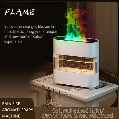 Premium Aroma Diffuser with realistic flame, rain simulation, and customizable LED lights for a relaxing atmosphere