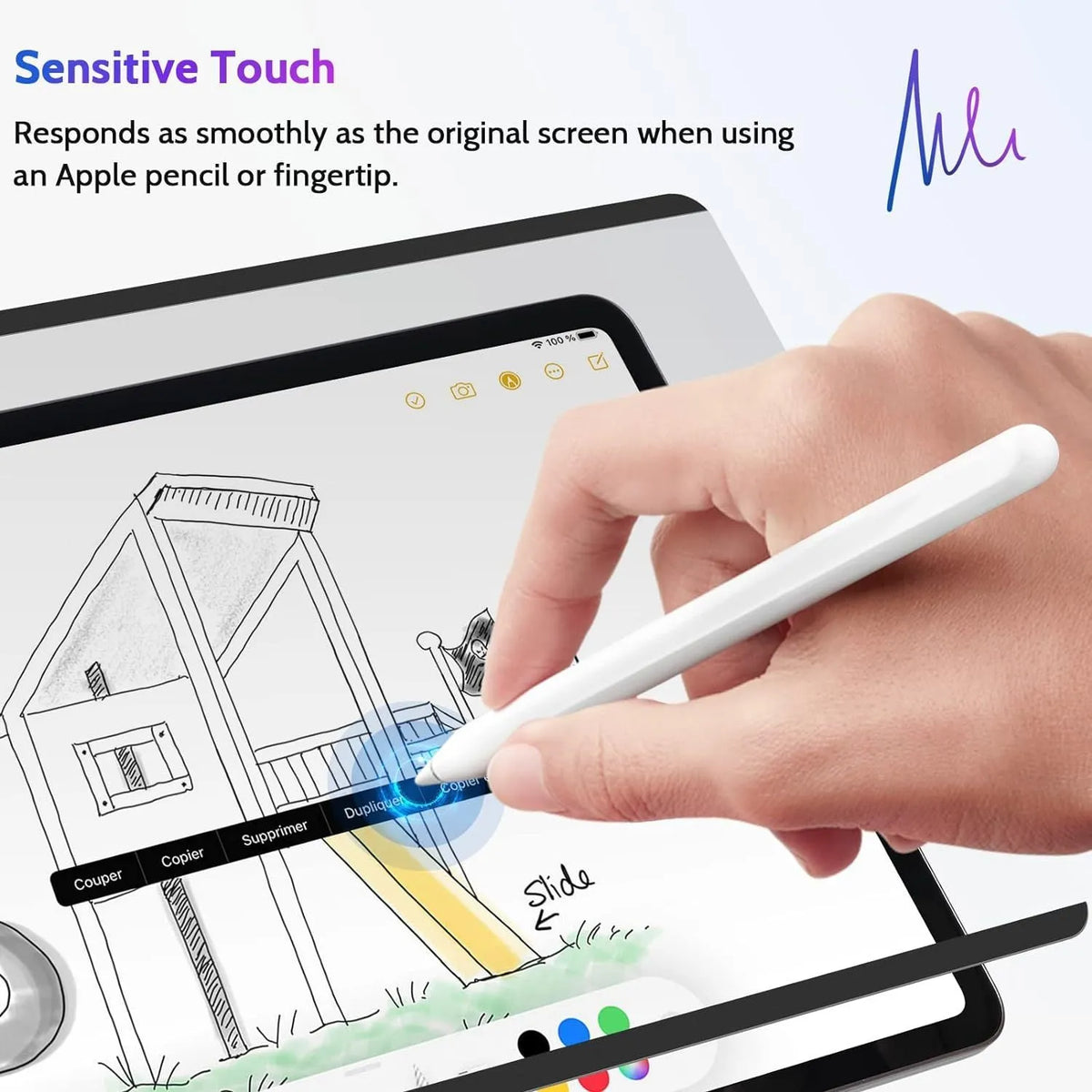 Magnetic suction anti-peeping film on iPad screen with storage clip, showing privacy protection and PET material clarity
