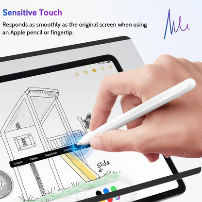 Magnetic suction anti-peeping film on iPad screen with storage clip, showing privacy protection and PET material clarity