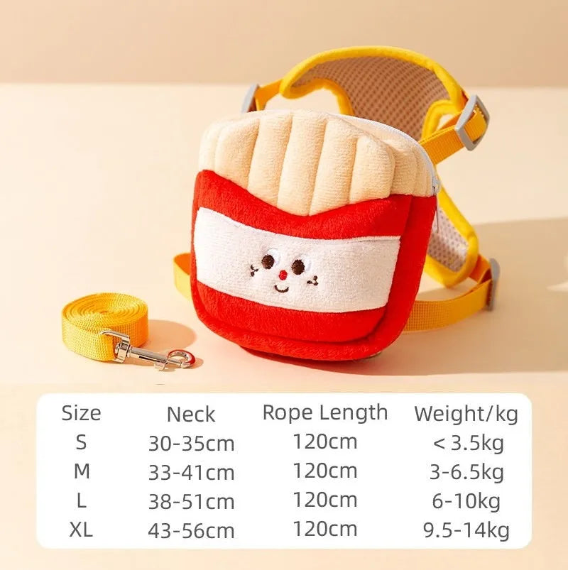 Cartoon hamburger chips design adjustable pet vest leash rope with backpack in multiple sizes