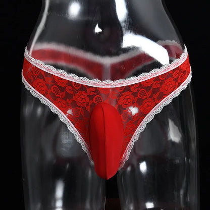 Men's lace triangle underwear with vertical pouch design in red colour on a mannequin.