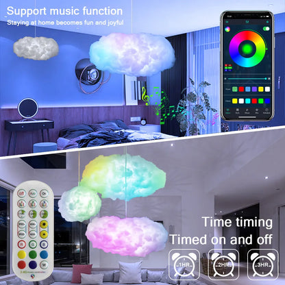 White fabric cloud shaped light hanging from ceiling with multi-coloured LED glow.