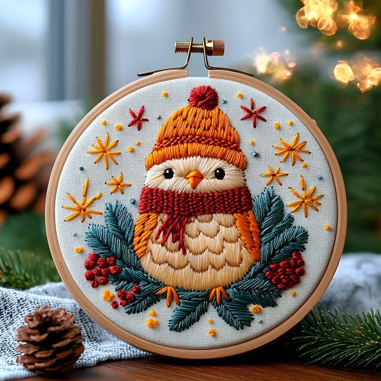 Christmas landscape embroidery DIY kit with 28x28cm cotton linen fabric and 20cm bamboo frame