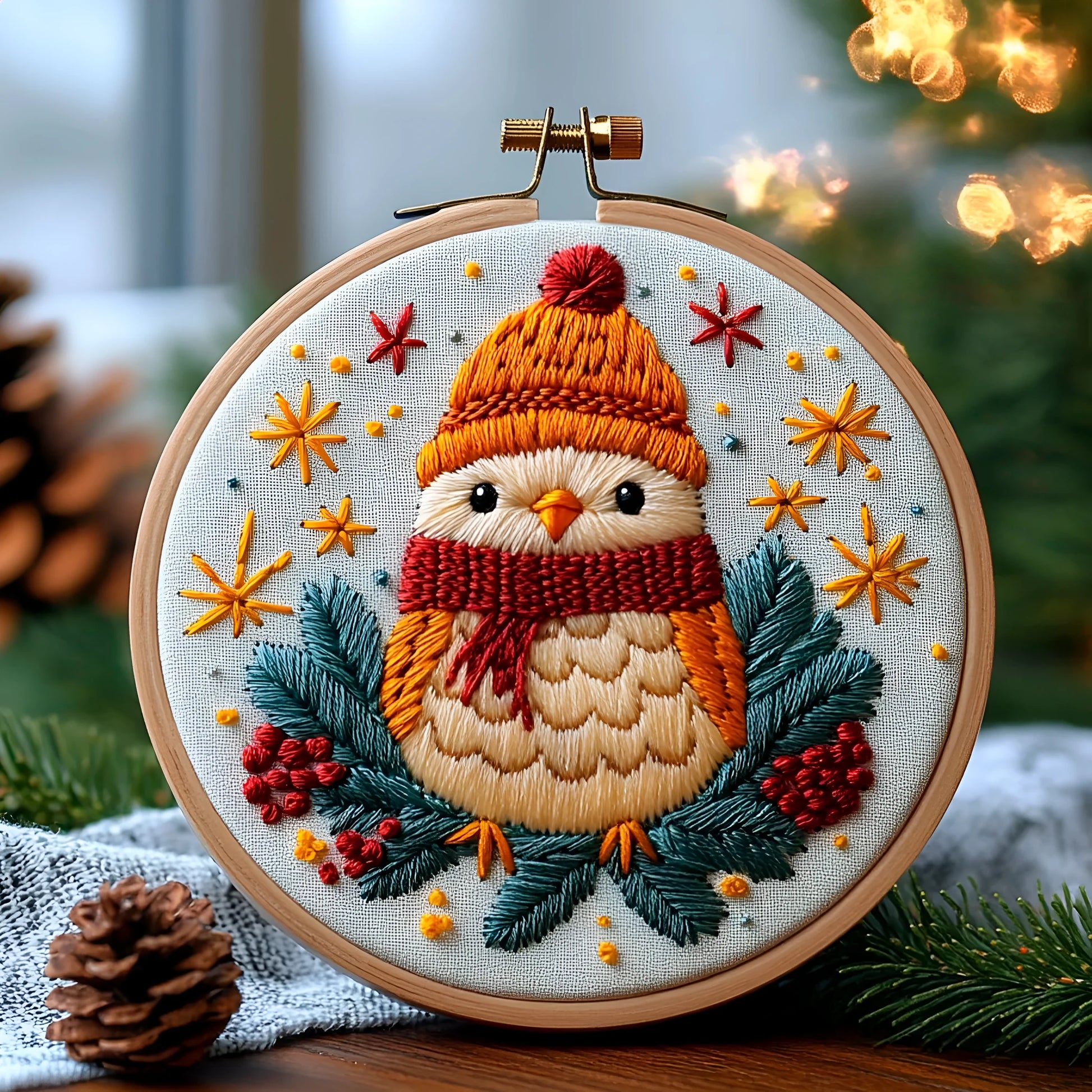 Christmas landscape embroidery DIY kit with 28x28cm cotton linen fabric and 20cm bamboo frame