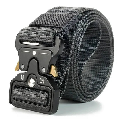 Men's thick canvas tactical belt with an alloy release buckle, shown in multiple colour options.