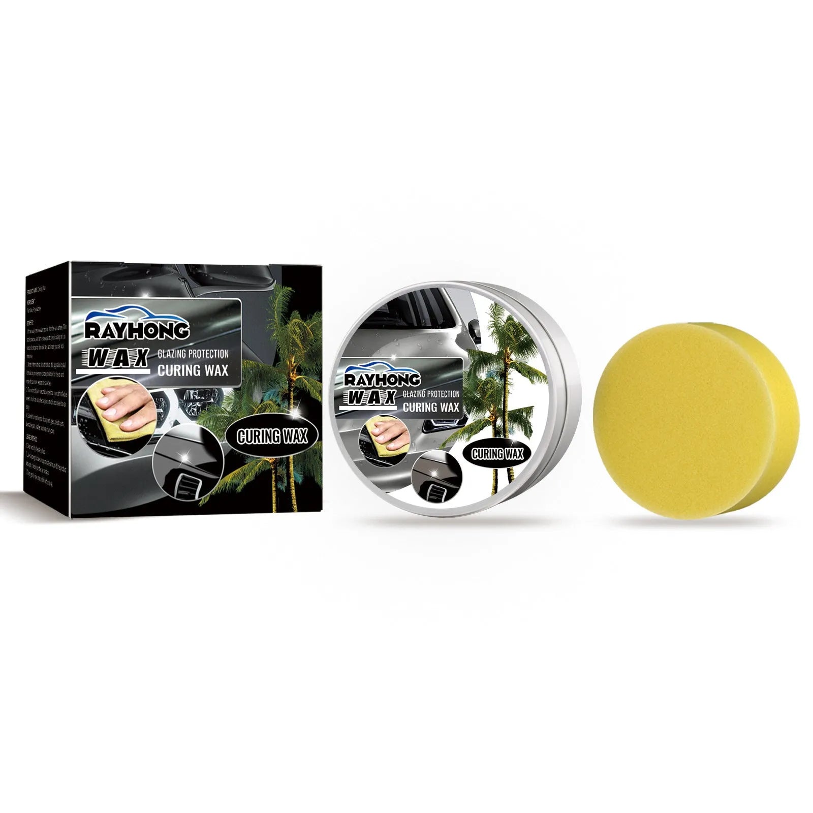 Car coating wax block and two applicator sponges for paint renovation and protection.