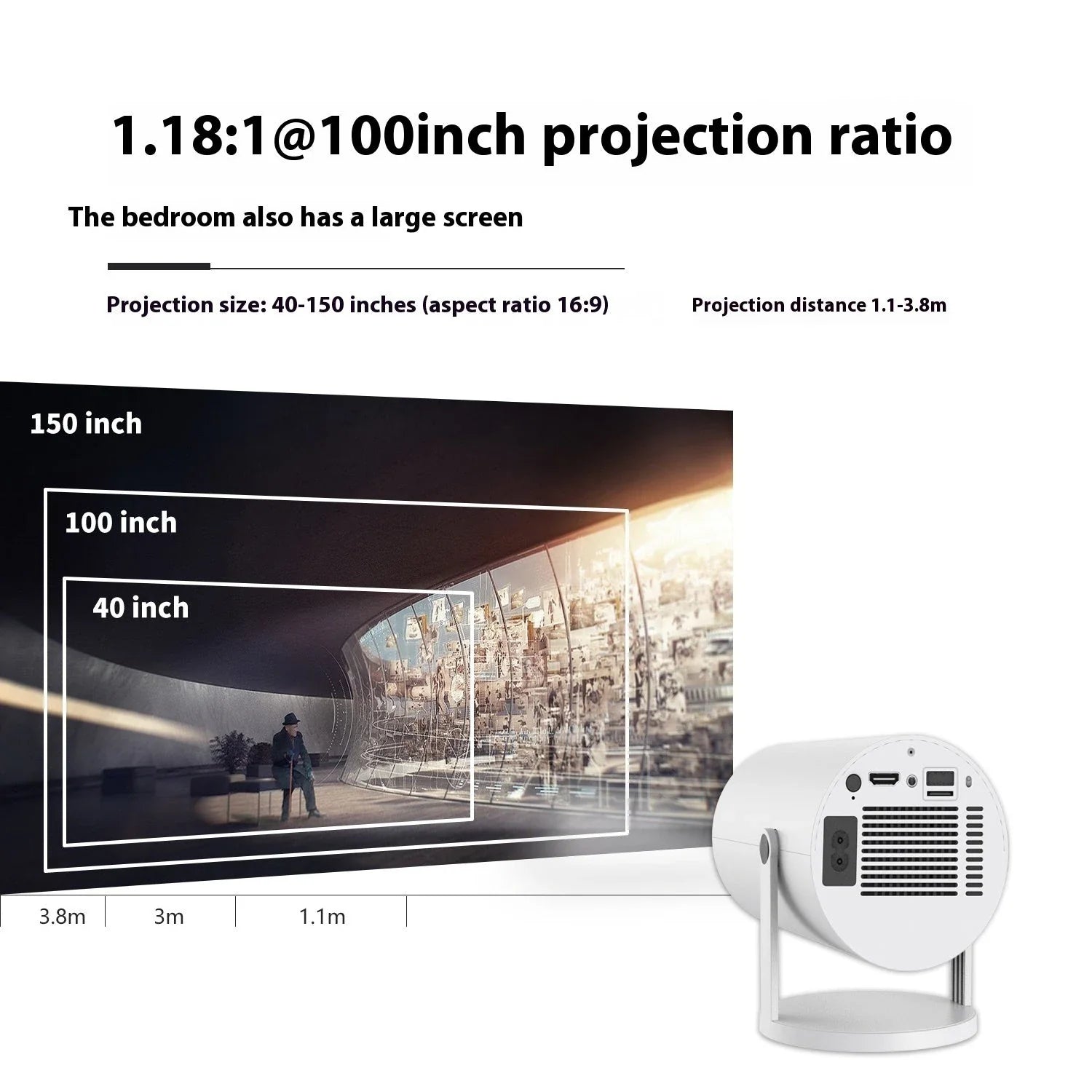 Portable home theater projector with 180-degree rotation, automatic focus, and wireless connectivity for an immersive viewing experience