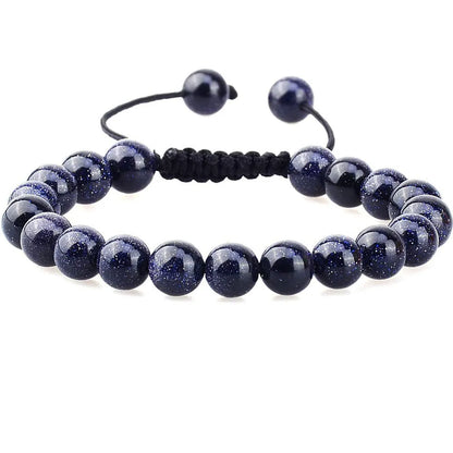 Women's flat knot braided healing bracelet hand-woven with natural gemstone beads in geometric pattern