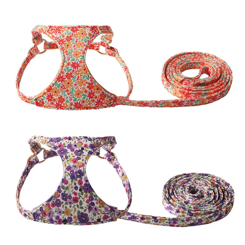 Orange cloth dog harness and leash set from the floral series, showing the single chest back design.