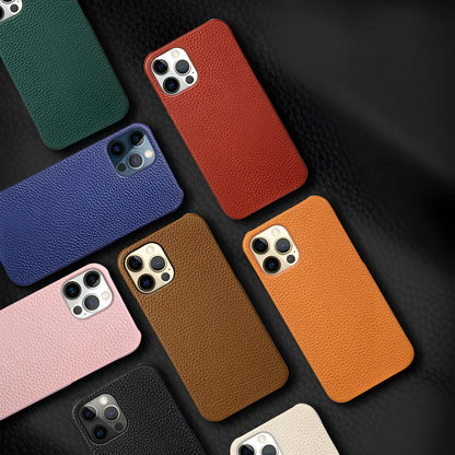 Genuine leather half-wrap iPhone protective case in beige, black, brown, orange, or pink colour.