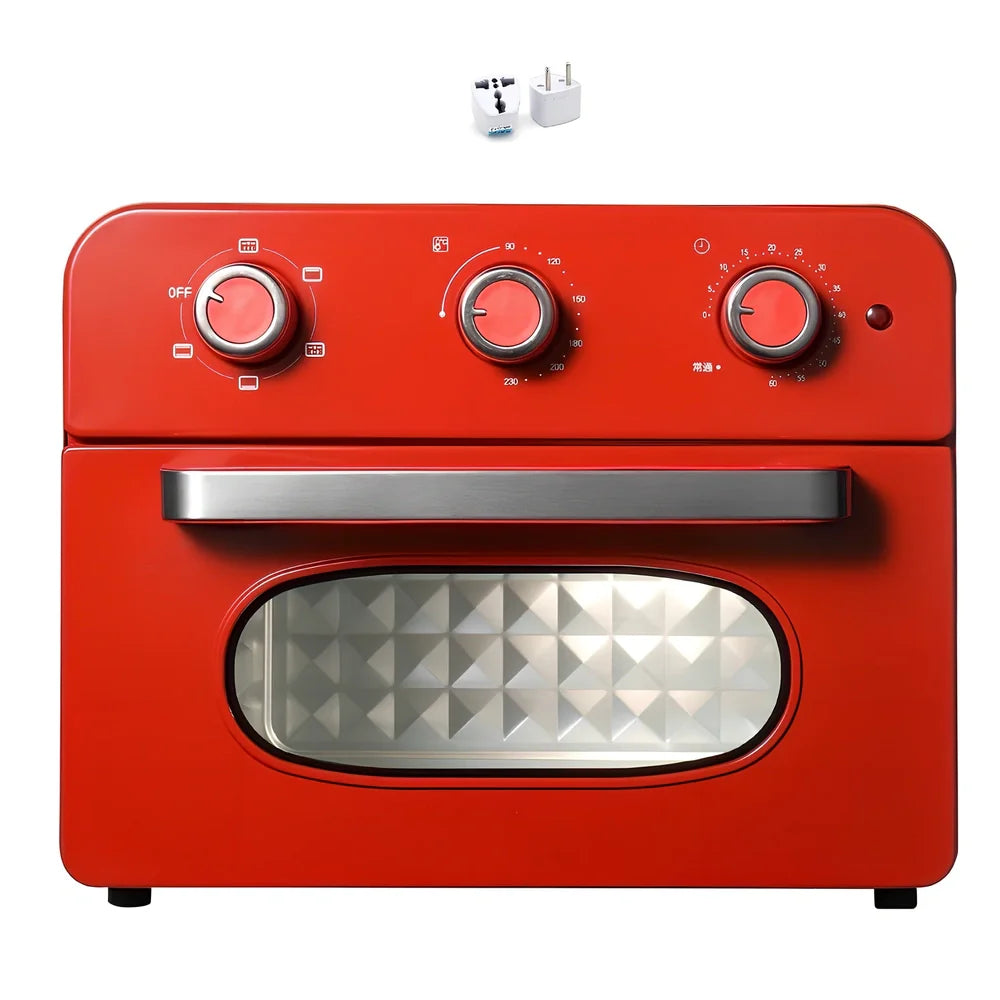 Red compact electric oven air fryer with mechanical knobs, 21-30 litre capacity, 414x383x332mm dimensions