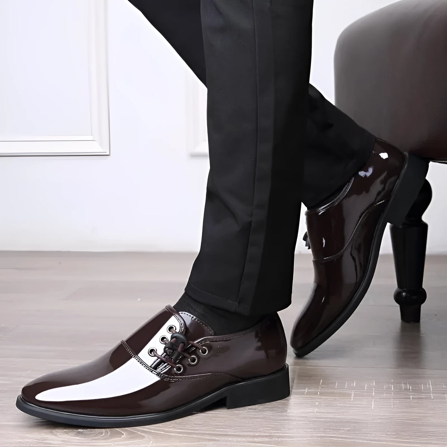 Men's black and brown formal business shoes with round toe and square heel