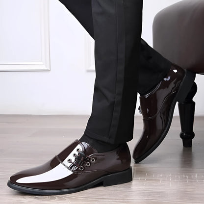 Men's black and brown formal business shoes with round toe and square heel