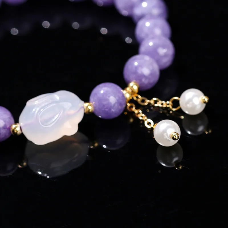 Purple aquamarine chalcedony and agate rabbit bracelet with geometric design and round elements
