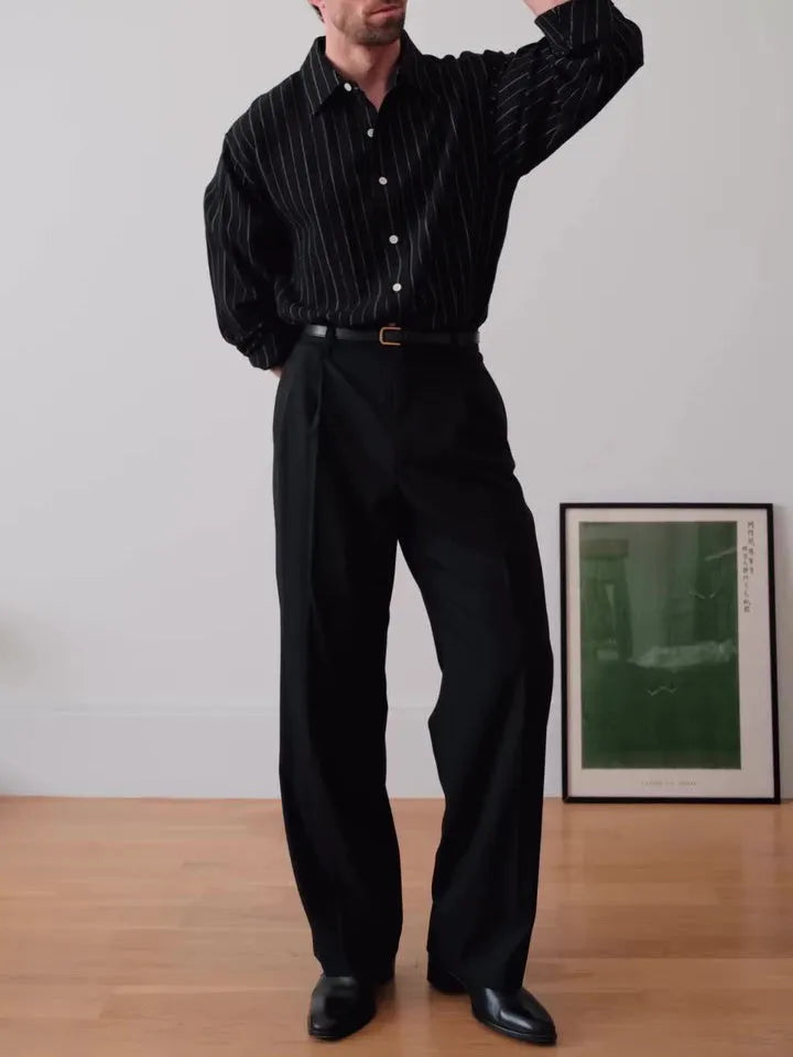 Men's Black Pinstriped Button-Down Shirt with Long Sleeves, Regular Fit Business Casual Daily Wear Polyester Fabric Available in Five Sizes Including 2XL