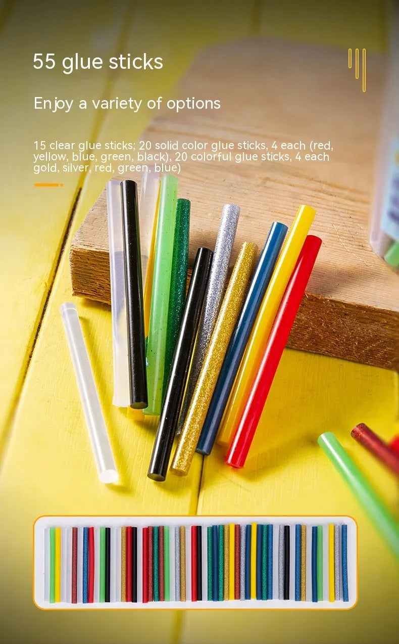 Pack of 55 clear hot melt glue sticks with 7.0mm diameter next to a glue gun
