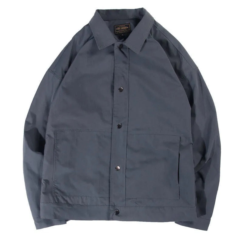 Men's single-layer Korean style jacket in light grey, showing front view and stitching detail.
