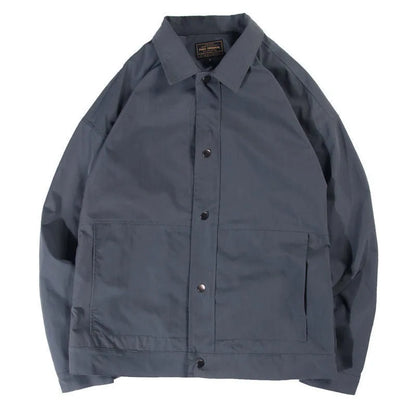 Men's single-layer Korean style jacket in light grey, showing front view and stitching detail.