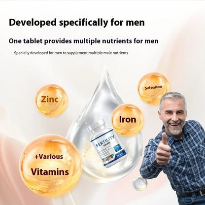 Sealed bottle of 60 male fertility tablets with vitamin mineral complex label.