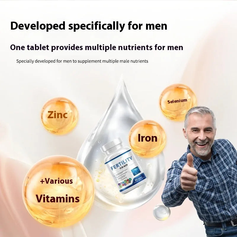 Male fertility tablets 60 tablets per bottle formulated with complex vitamin mineral amino acids for nutritional support, stored sealed in a cool dry place as a dietary supplement for men.