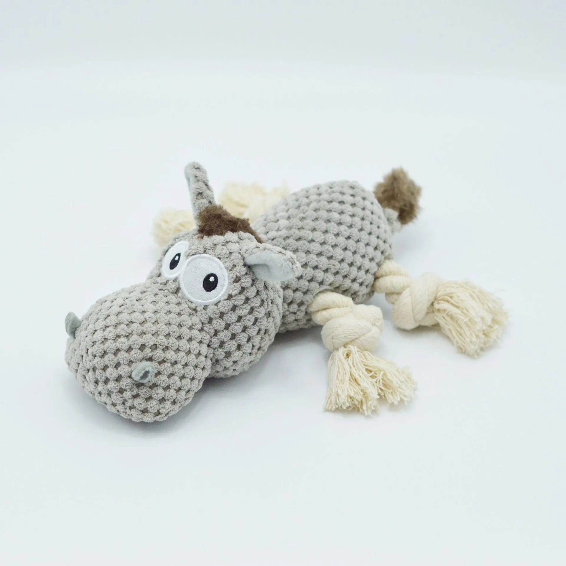 Grey donkey-shaped plush dog toy with cloth velvet material showing creaking sound feature