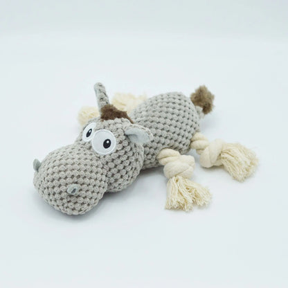 Grey donkey-shaped plush dog toy with cloth velvet material showing creaking sound feature